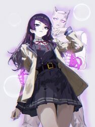 1girl absurdres arm_up belt black_belt cobwvmeti collared_shirt commentary_request cowboy_shot crossover diagonal_bangs diamond_wa_kudakenai fingernails hair_down highres idolmaster idolmaster_shiny_colors jacket jojo_no_kimyou_na_bouken killer_queen long_hair long_sleeves looking_at_viewer nail_polish neck_ribbon open_clothes open_jacket parted_lips pleated_skirt purple_eyes purple_hair purple_nails ribbon shirt skirt stand_(jojo) standing tanaka_mamimi