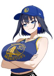 1girl absurdres arms_under_breasts baseball_cap black_hair black_pants blue_eyes blue_hat blue_shirt bow bow_earrings breasts closed_mouth crop_top danimocles earrings golden_state_warriors hat highres hololive hololive_english jewelry large_breasts ouro_kronii pants shirt short_hair simple_background solo stephen_curry upper_body virtual_youtuber white_background