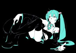 Rule 34 | 1girl, aqua eyes, aqua nails, aqua necktie, aqua panties, arm tattoo, bare shoulders, black background, black boots, black skirt, blending, boots, breasts, closed mouth, collared shirt, detached sleeves, frown, hatsune miku, headset, highres, knees up, long hair, looking to the side, miniskirt, necktie, oekakikujira, panties, reclining, shirt, skirt, sleeveless, sleeveless shirt, small breasts, solo, tattoo, thigh boots, twintails, underwear, very long hair, vocaloid