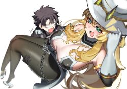absurdres barghest_(fgo_fes._2025)_(fate) black_hair blank_eyes blonde_hair blue_eyes breasts carrying chain dreeky elbow_gloves fate/grand_order fate_(series) fujimaru_ritsuka_(male) fujimaru_ritsuka_(male)_(polar_chaldea_uniform) gloves green_eyes hat heterochromia high_heels highres horns huge_breasts long_hair princess_carry shoe_loss sun_hat thick_thighs thighs