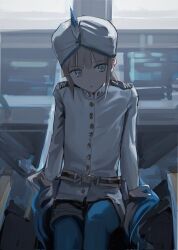 1boy androgynous blue_hair blue_pantyhose captain_nemo_(fate) captain_nemo_(first_ascension)_(fate) fate/grand_order fate_(series) goose_s_letter hat hat_feather highres jacket long_hair long_sleeves male_focus military_jacket military_uniform multicolored_hair naval_uniform nemo_(fate) pantyhose ship_interior shorts sitting turban white_jacket