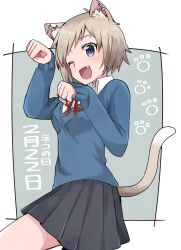 Rule 34 | 1girl, animal ear fluff, animal ear piercing, animal ears, black skirt, blonde hair, blue eyes, blue sweater, cat day, cat ears, cat tail, ear piercing, eyebrow piercing, face piercing, fang, highres, jessica (roku kyuu), long sleeves, looking at viewer, one eye closed, original, paw pose, paw print, piercing, pleated skirt, red ribbon, ribbon, roku kyuu, shirt, short hair, skirt, solo, sweater, tail, white shirt