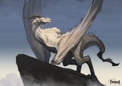 1other absurdres black_horns brown_scales claws cliff cloud cloudy_sky commentary dragon dragon_horns fang fang_out gradient_background grey_background highres horns no_humans original outdoors scales signature sky sonech spines tail white_background wings
