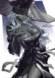 1girl absurdres arm_behind_back bare_shoulders black_dress black_lips black_skin breasts cleavage colored_skin dark-skinned_female dark_skin dress elden_ring elden_ring_nightreign fingernails grey_nails hair_over_shoulder hand_on_own_chest hashtag-only_commentary hat hat_over_eyes highres holding holding_staff hyuu_(sing-dog) large_breasts large_hat long_hair looking_at_viewer off-shoulder_dress off_shoulder purple_hat purple_sleeves recluse_(elden_ring) signature smile solo staff thighs very_dark_skin very_long_hair white_hair wide_sleeves witch witch_hat wooden_staff