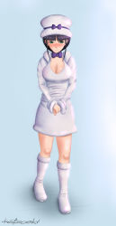 Rule 34 | 1girl, bleach, boots, bow, breasts, cleavage, dress, embarrassed, female focus, green eyes, hat, highres, katzueki, kurotsuchi nemu, large breasts, purple hair, signature, solo