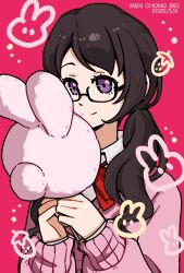 1girl black_hair bow cardigan closed_mouth collared_shirt food fruit glasses highres light_smile noge_tomoko outline persona persona_5 persona_5:_the_phantom_x pink_background pink_cardigan purple_eyes red_bow school_uniform shirt short_twintails solo strawberry swept_bangs touminggui twintails