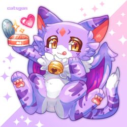 Rule 34 | :3, animal focus, bell, canned fish, cat, cat dragon (dragon village), cat tail, character name, dragon, dragon village (series), dragon village collection, fluffy, heart, highres, holding, jingle bell, looking at viewer, murasakigezi, no humans, pawpads, sitting, slit pupils, small dragon, solo, sparkle, tail, tongue, tongue out, wings, yellow eyes