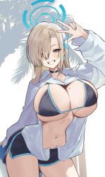 1girl alternate_costume asuna_(blue_archive) black_choker black_shorts blue_archive blue_eyes blue_halo blue_nails blue_ribbon blush breasts brown_hair choker cleavage commentary_request fingernails hair_over_one_eye hair_ribbon halo highres huge_breasts long_hair long_sleeves looking_at_viewer mole mole_on_breast nail_polish navel ojisan_kamo_shiremasen open_clothes open_shirt puffy_long_sleeves puffy_sleeves ribbon shirt short_shorts shorts simple_background skindentation smile solo stomach swimsuit thighs very_long_hair w white_background white_shirt