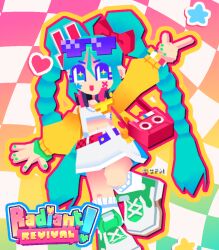 1girl 3d aqua_eyes aqua_hair bag belt blockbench_(medium) bow braid colorful commentary crop_top digital_stars digital_stars_miku digital_stars_miku_(2025) english_commentary english_text eyewear_on_head green_nails green_shoes hair_bow hair_ornament handbag hatsune_miku heart heisei_retro jacket long_hair long_sleeves low_poly midriff navel official_alternate_costume official_alternate_hairstyle official_art open_clothes open_jacket pink_bag pink_belt pointing rabbit_hair_ornament radiant_revival_(vocaloid) red_bow shirt shoes skirt sneakers solo song_name sunglasses suspender_skirt suspenders twin_braids violet_(violxiv) vocaloid white_shirt white_skirt yellow_jacket