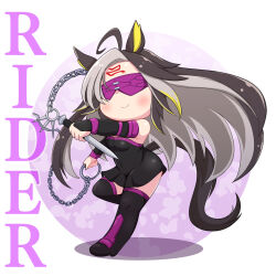 absurdres ahoge animal_ears aonoji bare_shoulders black_boots black_dress blindfold blonde_hair boots brown_hair chain character_name cosplay detached_sleeves dream_journey_(umamusume) dress fate/stay_night fate_(series) highres holding holding_knife horse_ears horse_girl knife leg_up long_hair medusa_(fate) medusa_(rider)_(fate) medusa_(rider)_(fate)_(cosplay) multicolored_hair short_dress strapless strapless_dress thigh_boots tube_dress umamusume white_hair