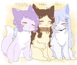 Rule 34 | animal costume, animal focus, animalization, bell, blue hair, brown hair, closed eyes, closed mouth, full body, girl sandwich, hair ornament, highres, hutaba, idolmaster, idolmaster million live!, idolmaster million live! theater days, kitazawa shiho, long hair, makabe mizuki, neck bell, no humans, purple hair, sandwiched, shiraishi tsumugi, short hair, sitting, translation request, wavy mouth