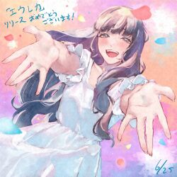 1girl :d animification arms_up black_hair blue_petals collarbone commentary_request cowboy_shot dress falling_petals frilled_dress frills grey_eyes highres kan_kanna long_hair looking_at_viewer open_mouth orange_background outstretched_arms petals pink_background pink_petals real_life saidamoosu short_sleeves smile solo teeth translation_request upper_teeth_only voice_actor white_dress yellow_petals