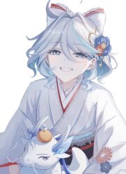 Rule 34 | 1girl, black sash, blue eyes, bow, commentary request, furina (genshin impact), genshin impact, hair bow, hair intakes, haru same322, highres, japanese clothes, kimono, neuvillette (genshin impact), obi, sash, short hair, upper body, white bow, white hair, white kimono