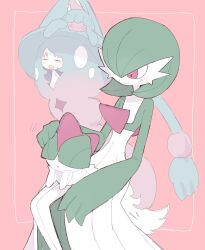 Rule 34 | animal focus, blush, bob cut, closed eyes, closed mouth, colored skin, gardevoir, gen 3 pokemon, gen 8 pokemon, green hair, han0579, hatenna, hatterene, highres, multicolored skin, nintendo, no humans, open mouth, pink background, pokemon, pokemon (creature), pokemon focus, ralts, simple background, smile, two-tone skin, white skin