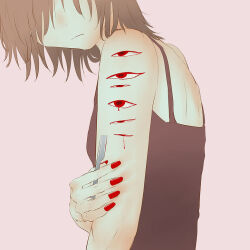 Rule 34 | 1girl, avogado6, black tank top, blood, brown hair, hair over eyes, original, razor, red eyes, red nails, self-harm, simple background, solo, tank top