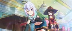 2girls :o all_fours aqua_scarf bandaged_leg bandages belt black_belt black_cape black_hat black_thighhighs blue_shorts boots brown_boots brown_hair cape capelet chair chandelier chris_(konosuba) dot_nose double-parted_bangs dress facial_scar from_below game_cg green_capelet hands_on_own_knees hat highres holding holding_magnifying_glass indoors knees_together_feet_apart kono_subarashii_sekai_ni_shukufuku_wo! konosuba!_fantastic_days lens_flare magnifying_glass megumin multiple_girls navel official_art one_eye_closed open_mouth purple_eyes purple_hair red_dress red_eyes scar scar_on_cheek scar_on_face scarf short_hair short_hair_with_long_locks shorts single_thighhigh sparkle table thighhighs third-party_source wide_brim witch_hat