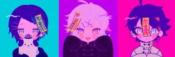 3boys animal braid chinese_clothes covered_mouth dog dot_nose earrings fuwa_minato hair_ornament hairclip highres holding holding_animal holding_dog jewelry lineup majors_(nijisanji) male_focus mayuzumi_kai mi_oxo_9m multiple_boys nijisanji ofuda ofuda_on_head saegusa_akina short_hair sleeves_past_fingers sleeves_past_wrists virtual_youtuber