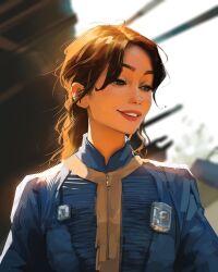 Rule 34 | 1girl, :d, backlighting, black eyes, blue jacket, blurry, blurry background, brown hair, glowing, grin, highres, jacket, lipstick, makeup, open mouth, original, sam yang, smile, solo, upper body, wavy hair
