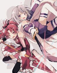 2girls absurdres back-to-back bare_shoulders black_thighhighs blue_eyes blue_hair blue_skirt detached_sleeves dress fang fortissimo frilled_dress frills gloves hair_ornament highres holding holding_polearm holding_sword holding_weapon long_hair magical_girl mahou_shoujo_madoka_magica mahou_shoujo_madoka_magica_(anime) miki_sayaka miki_sayaka_(magical_girl) multiple_girls musical_note musical_note_hair_ornament open_mouth pink_skirt pleated_skirt polearm red_dress red_eyes red_hair sakura_kyoko sakura_kyoko_(magical_girl) short_hair skirt skirt_under_dress sleeveless sleeveless_dress soul_gem sword thighhighs user_rtku3252 weapon white_gloves white_thighhighs