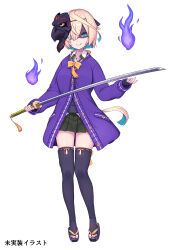 1girl aqua_eyes aqua_hair blonde_hair cardigan commentary_request dark_persona fingerless_gloves full_body geta gloves hair_ribbon hitodama holding holding_sword holding_weapon inaba_gou_(tenka_hyakken) long_hair low_ponytail mask miniskirt multicolored_hair nidy okobo orange_ribbon platform_sandals ponytail purple_cardigan ribbon sandals shaded_face shirt skirt smirk stirrup_legwear sword tachi_(weapon) teeth tenka_hyakken thighhighs toeless_legwear two-tone_hair weapon white_shirt