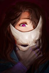 absurdres black_hands blue_robe brown_background brown_hair character_request check_copyright colored_extremities commentary copyright_request english_commentary gender_request hair_over_one_eye highres holding holding_mask long_hair looking_at_viewer mask numanoan original portrait purple_eyes purple_tattoo robe slit_pupils solo white_mask