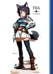Rule 34 | 1girl, absurdres, animal ears, armor, belt, black gloves, black hair, black thighhighs, blue eyes, boobplate, boots, breastplate, brown hair, cat ears, cat girl, cat tail, colored inner hair, couter, cuirass, dress, full body, gloves, grin, hands on own hips, hepari, highres, looking at viewer, multicolored hair, original, pauldrons, pink hair, short dress, short hair, shoulder armor, simple background, single couter, smile, standing, tail, thighhighs, vambraces, white background, white dress