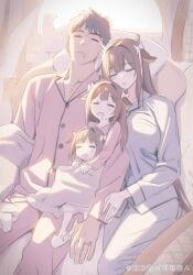 1boy 3girls absurdres alternate_costume animal_ears azur_lane brown_hair child closed_eyes commander_(azur_lane) cow_ears cow_girl cow_horns highres horns jewelry kashino9daisuki kashino_(azur_lane) long_hair mother_and_daughter multiple_girls open_mouth ring sleeping wedding_ring