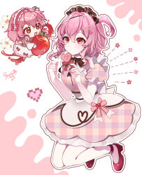 1girl artist_name bonnet checkered_clothes checkered_dress chibi chibi_inset dress food fruit full_body hair_between_eyes hair_vines heart high_heels highres holding holding_food light_blush medium_hair nijisanji nijisanji_en outline pantyhose pink_dress pink_hair puracotte red_eyes rosemi_lovelock side_ponytail signature strawberry thorns virtual_youtuber white_outline white_pantyhose