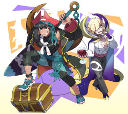 2girls absurdres aged_up bicorne black_hair blonde_hair cape creatures_(company) cup drinking_glass game_freak halloween_costume hat highres juno_son lillie_(pokemon) multiple_girls nintendo pirate pirate_costume pirate_hat pokemon pokemon_sm selene_(pokemon) smile treasure_chest vampire wine_glass