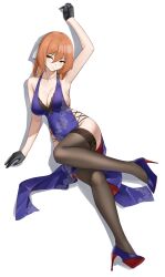 Rule 34 | 1girl, absurdres, alternate costume, black gloves, breasts, brown hair, brown thighhighs, casperrin, closed mouth, collarbone, commentary, covered navel, dress, full body, girls&#039; frontline, girls&#039; frontline 2: exilium, gloves, green eyes, hair between eyes, halterneck, high heels, highres, lace, lace-trimmed thighhighs, lace trim, large breasts, purple dress, purple shoes, shadow, shoes, sleeveless, sleeveless dress, solo, springfield (girls&#039; frontline 2), thighhighs, white background