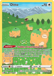 ._. artist_name blue_sky bush card_(medium) character_name closed_mouth company_name copyright_name copyright_notice day ditto english_text flower gen_1_pokemon gen_3_pokemon grass house mountainous_horizon nintendo no_humans numel official_art outdoors pokemon pokemon_(creature) pokemon_card pokemon_focus pokemon_tcg sky smile tanaka_miki third-party_source trading_card transformed_ditto