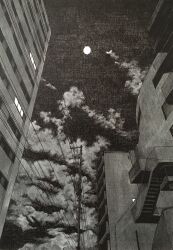 Rule 34 | apartment, building, dark, from below, full moon, greyscale, highres, ibsukionsen, monochrome, moon, night, night sky, no humans, original, power lines, road, scenery, sky, stairs, street, utility pole, window