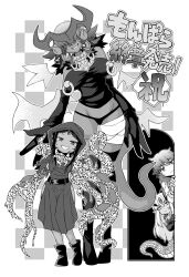 1boy 3girls absurdres aged_down alipheese_fateburn_xvi bandaged_leg bandages belt boots breasts character_request checkered_background closed_mouth commentary_request demon_girl doorway elbow_gloves fewer_digits full_body fur-trimmed_collar fur_trim gloves greyscale grin hair_over_eyes height_difference high_heel_boots high_heels highres hood hood_up hooded_robe horns lamia large_breasts long_hair looking_at_viewer luka_(mon-musu_quest!) micro_panties mon-musu_quest! mon-musu_quest:_paradox monochrome monster_girl multiple_girls multiple_wings mushroom_girl panties peeking_out robe screentones short_hair side_slit smile standing sweatdrop tail tall_female tentacle_arm thigh_boots torn_clothes torn_robe torn_sleeves underwear very_long_hair wings zawa_(zawzawranran2)