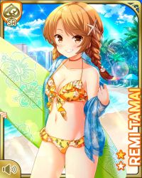 1girl beach bikini blue_coat brown_eyes brown_hair card_(medium) closed_mouth coat day girlfriend_(kari) looking_at_viewer low_twintails ocean official_art outdoors qp:flapper smile solo standing surfboard swimsuit tagme tamai_remi tropical twintails yellow_bikini
