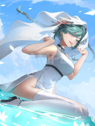 Rule 34 | 1girl, bare shoulders, blue sky, braid, breasts, cloud, commentary request, dress, green eyes, green hair, hair ornament, hair ribbon, hands up, highres, large breasts, long hair, looking at viewer, mayuri kaichou, open mouth, original, outdoors, pelvic curtain, red ribbon, ribbon, sitting, sky, sleeveless, sleeveless dress, smile, solo, teeth, thighhighs, twin braids, upper teeth only, veil, wariza, white dress, white thighhighs, white veil