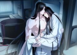 2boys absurdres alternate_costume bathtub bishounen black_hair carrying chinese_clothes closed_eyes couple highres indoors lan_wangji long_hair male_focus modao_zushi multiple_boys muscular muscular_male night open_mouth pants pectorals princess_carry robe ssu_saeu toned toned_male topless_male very_long_hair wei_wuxian white_pants white_robe yaoi