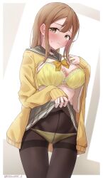 1girl absurdres black_pantyhose blush bow bowtie bra breasts brown_eyes brown_hair cardigan closed_mouth commentary commission covered_navel ear_blush grey_sailor_collar grey_skirt highres kunikida_hanamaru large_breasts lifting_own_clothes long_hair long_sleeves looking_at_viewer love_live! love_live!_sunshine!! panties panties_under_pantyhose pantyhose pixiv_commission pleated_skirt rikka006 sailor_collar school_uniform serafuku sidelocks skirt solo sweatdrop thighband_pantyhose underwear uranohoshi_school_uniform yellow_bow yellow_bowtie yellow_bra yellow_cardigan yellow_panties