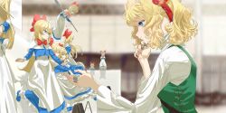 1girl alice_margatroid alternate_costume alternate_hairstyle blonde_hair blue_eyes closed_mouth commentary doll dress english_commentary game_cg green_dress hairband highres jewelry long_sleeves official_art puppet_rings puppet_strings red_hairband ring sawatani_(_swt2) shanghai_doll smile solo third-party_source touhou touhou_lostword wide_sleeves