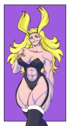 1girl abs black_leotard black_thighhighs blonde_hair boku_no_hero_academia breasts clothing_cutout flag_print green_eyes hensket highres large_breasts leotard long_hair looking_at_viewer muscular muscular_female playboy_bunny purple_background smile solo star_and_stripe_(boku_no_hero_academia) stomach_cutout strapless strapless_leotard thick_thighs thighhighs thighs wide_hips