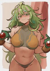 Rule 34 | 1girl, absurdres, bikini, blush, boku no hero academia, breasts, closed mouth, commentary, deku&#039;s photo of hagakure toru, english commentary, gloves, green bikini, green eyes, green gloves, green hair, green panties, hagakure toru, highres, large breasts, long hair, looking at viewer, messy hair, multicolored hair, navel, official alternate costume, panties, pink streaks, pointing, pointing at self, sagaandersart, simple background, smile, solo, swimsuit, turtleneck bikini top, two-tone gloves, underwear, unusually visible