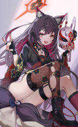1girl animal_ear_fluff animal_ears black_boots black_gloves black_hair black_kimono black_nails black_sailor_collar black_thighhighs blue_archive boots bow colored_inner_hair fangs fingerless_gloves fishnet_thighhighs fishnets floral_print floral_print_kimono fox_ears fox_girl fox_mask fox_shadow_puppet fox_tail from_below gloves high_heel_boots high_heels highres holding holding_mask japanese_clothes keji133 kimono kneehighs long_hair looking_at_viewer mask multicolored_hair open_mouth print_kimono purple_sash purple_socks sailor_collar sash single_kneehigh single_sock single_thighhigh socks solo tail tail_bow tail_ornament teeth thigh_strap thighhighs two-tone_hair upper_teeth_only wakamo_(blue_archive) yellow_bow yellow_eyes