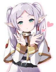 1girl belt black_belt capelet earrings elf floating_earring frieren green_eyes grey_hair hands_up heart highres jewelry kazura long_hair looking_at_viewer pointy_ears shirt skirt solo sousou_no_frieren striped_clothes striped_shirt twintails white_background white_capelet white_skirt