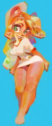 1girl absurdres animal_ears animal_nose bare_legs blonde_hair blue_background breasts coco_bandicoot crash_bandicoot_(series) full_body furry furry_female green_eyes highres long_hair shirt simple_background smile solo wamudraws