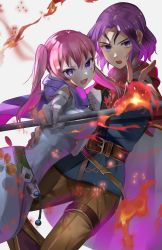 1boy 1girl absurdres belt blue_shirt brown_pants cape chil0107 dress elbow_gloves erk_(fire_emblem) fang fire fire_emblem fire_emblem:_the_blazing_blade gloves highres looking_at_viewer nintendo pants pink_hair purple_cape purple_eyes purple_hair serra_(fire_emblem) shirt twintails white_dress white_gloves