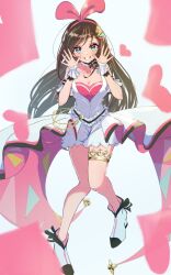 1girl arm_garter blue_hair breasts brown_hair cleavage collarbone full_body hair_ornament heart highres hirneru201 idol_clothes jewelry kizuna_ai kizuna_ai_inc. long_hair medium_breasts multicolored_hair pink_hair ring showgirl_skirt skirt smile solo streaked_hair thighlet virtual_youtuber white_footwear white_skirt