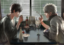 2boys arms_on_table ashtray black_eyes black_hair cigarette closed_eyes collarbone commentary_request cup drink drinking food from_side gintama grey_robe highres hijikata_toushirou holding holding_cigarette holding_cup holding_spoon ice_cream indoors looking_to_the_side male_focus multiple_boys open_mouth robe sakata_gintoki short_hair sitting smoke spoon steam upper_body white_hair white_robe window_blinds xi_hsi