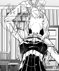1girl bodice chair corset cup door dress_shirt drinking drinking_glass grey_eyes ifuji_shinsen indoors kantai_collection long_hair monochrome pola_(kancolle) shirt solo striped_wall upper_body watermark wavy_mouth wine_glass