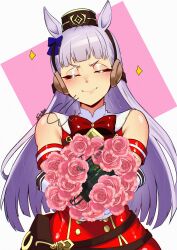 1girl absurdres animal_ears armband bare_shoulders belt_pouch blunt_bangs bomb bouquet bow bowtie closed_eyes commentary dress ear_bow ear_covers ear_ornament ear_ribbon english_commentary explosive flower fukou gloves gold_ship_(umamusume) highres holding holding_bouquet horse_ears horse_girl horseshoe_ornament long_hair outstretched_arms pillbox_hat pouch red_bow red_bowtie red_dress signature simple_background sleeveless sleeveless_dress solo sparkle umamusume white_background white_gloves white_hair