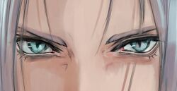1boy close-up commentary_request eye_focus eyelashes final_fantasy final_fantasy_vii green_eyes grey_hair looking_at_viewer male_focus sephiroth slit_pupils solo takayamaff