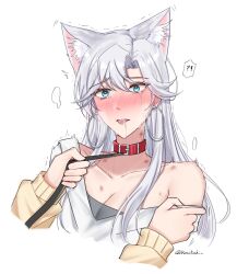 Rule 34 | !?, 2girls, animal ears, bite mark, bite mark on shoulder, blue eyes, blush, cat ears, collar, commentary, earrings, hand on another&#039;s arm, hickey, holding, holding leash, hoop earrings, iris wen, jewelry, kemonomimi mode, komitaki, leash, love curse: find your soulmate, multiple girls, off shoulder, saliva, selene yan, shirt, simple background, spoken interrobang, sweater, symbol-only commentary, tears, tongue, tongue out, twitter username, white background, white shirt, yellow sweater, yuri